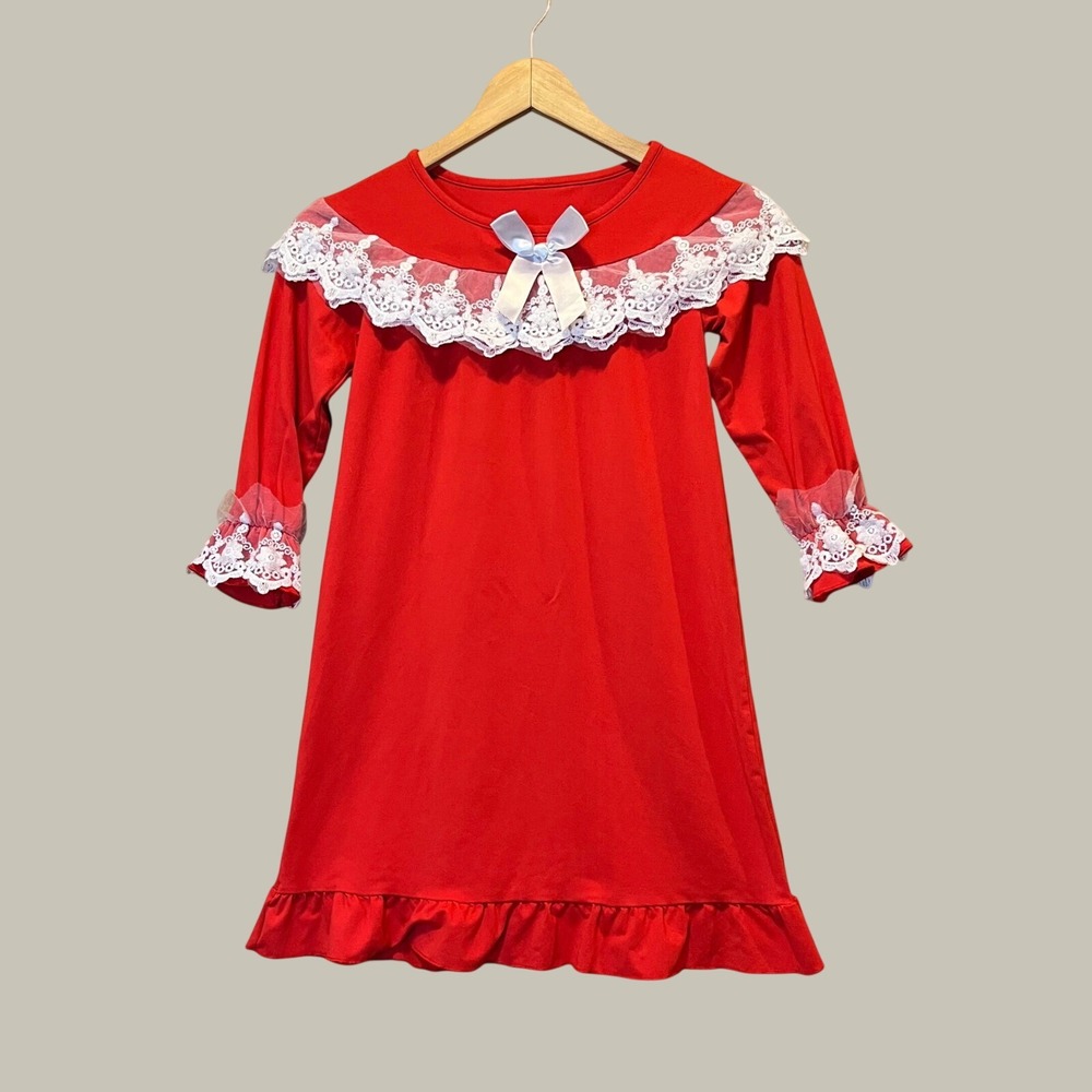Vintage Nightgown Kids 15in P2P Red Lace Mesh Holiday Knit Nightwear Ruffle Xmas